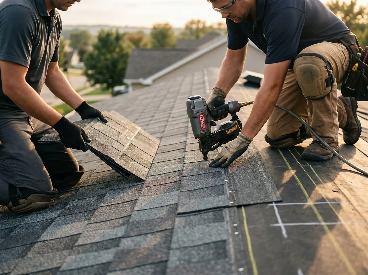 Professional roofer working on a residential roof in Hood River